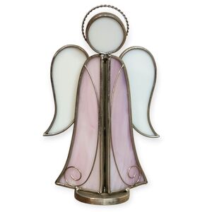 Vintage Pink Stained Glass Angel Free Standing Slag Glass Halo White Milky 7"